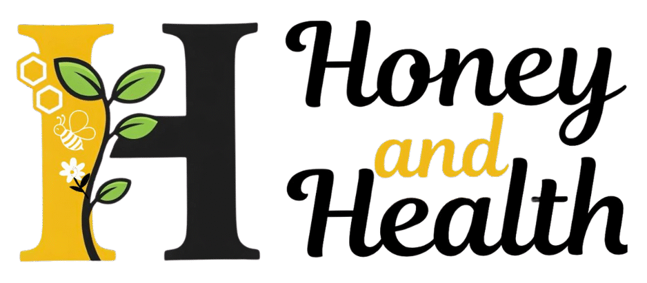 Honey and Health logo featuring a bee, flower, and honeycomb.